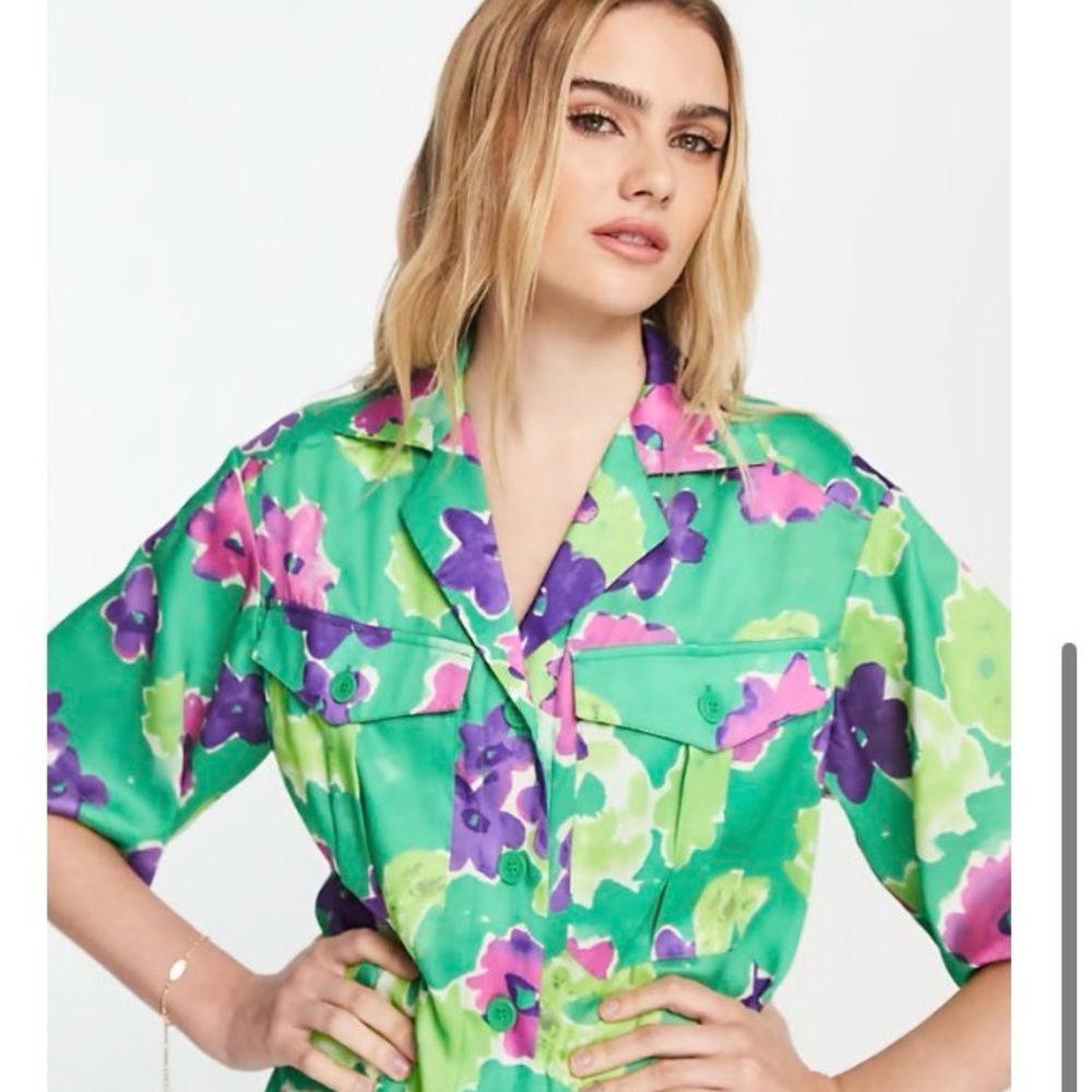 Topshop Green and Purple Floral Button Down Shirt